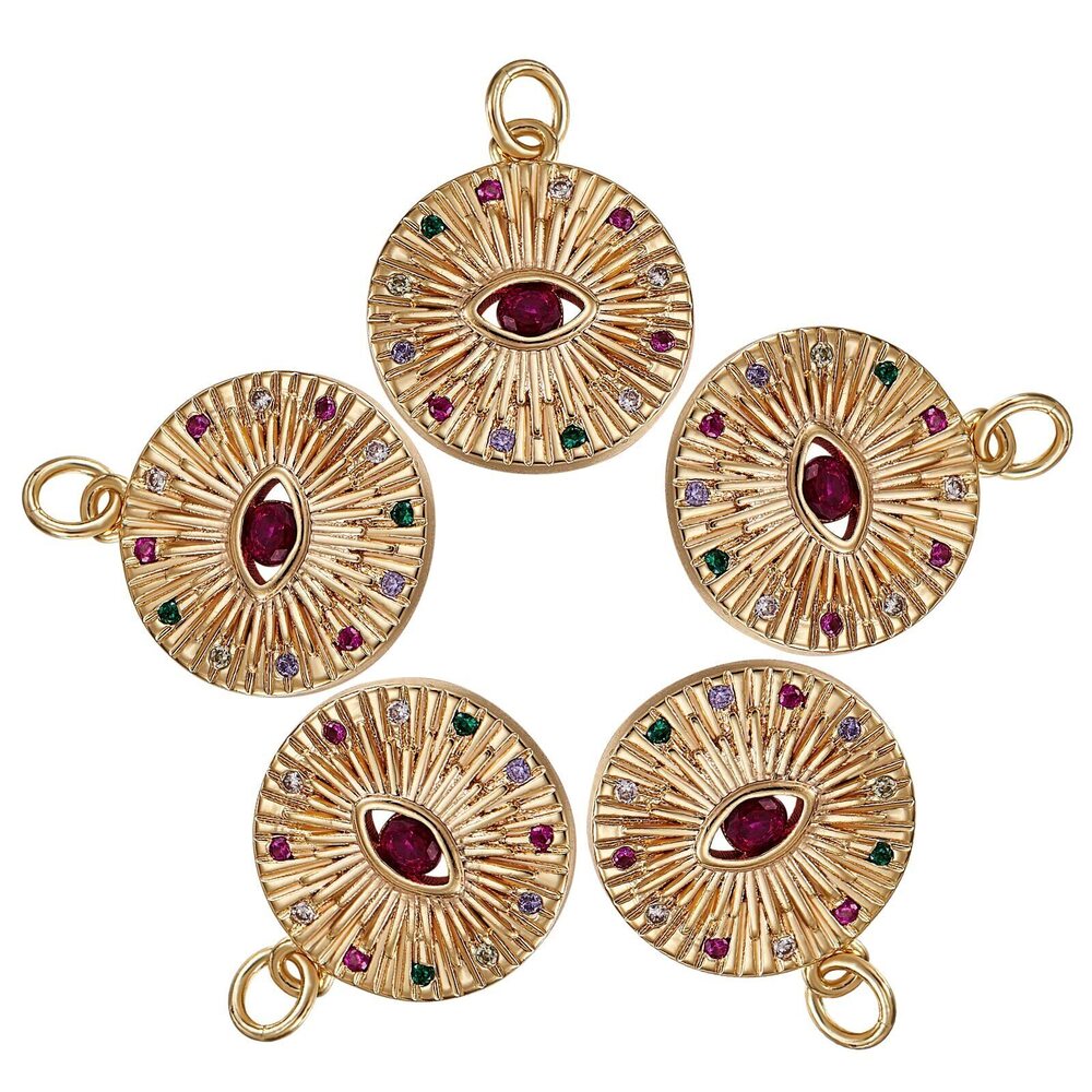 4434 5 Pieces Flat Round Cubic Zirconia Charm with Eye Colorful Evil Eye